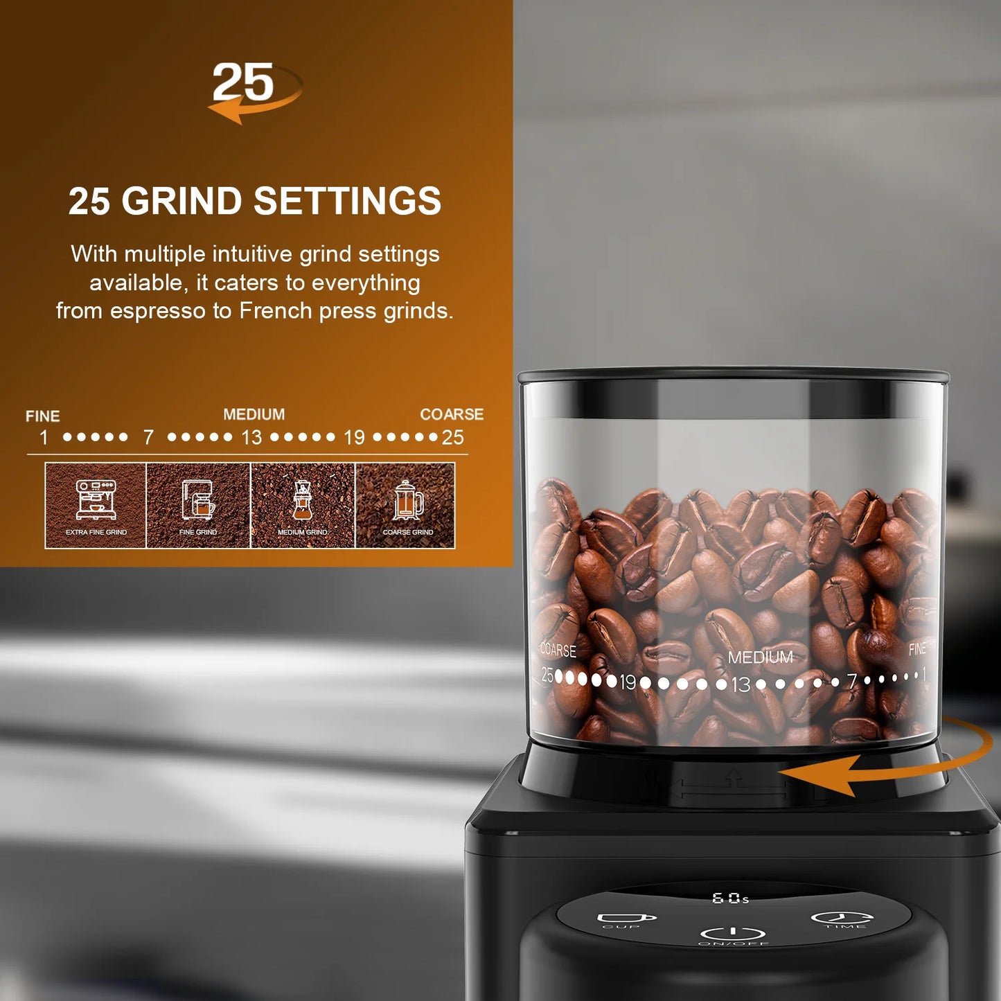 Electric Conical Burr Grinder Coffee Bean Grinder with 25 Grind Setting for French Espresso Touchscreen Dual Modes Grinding