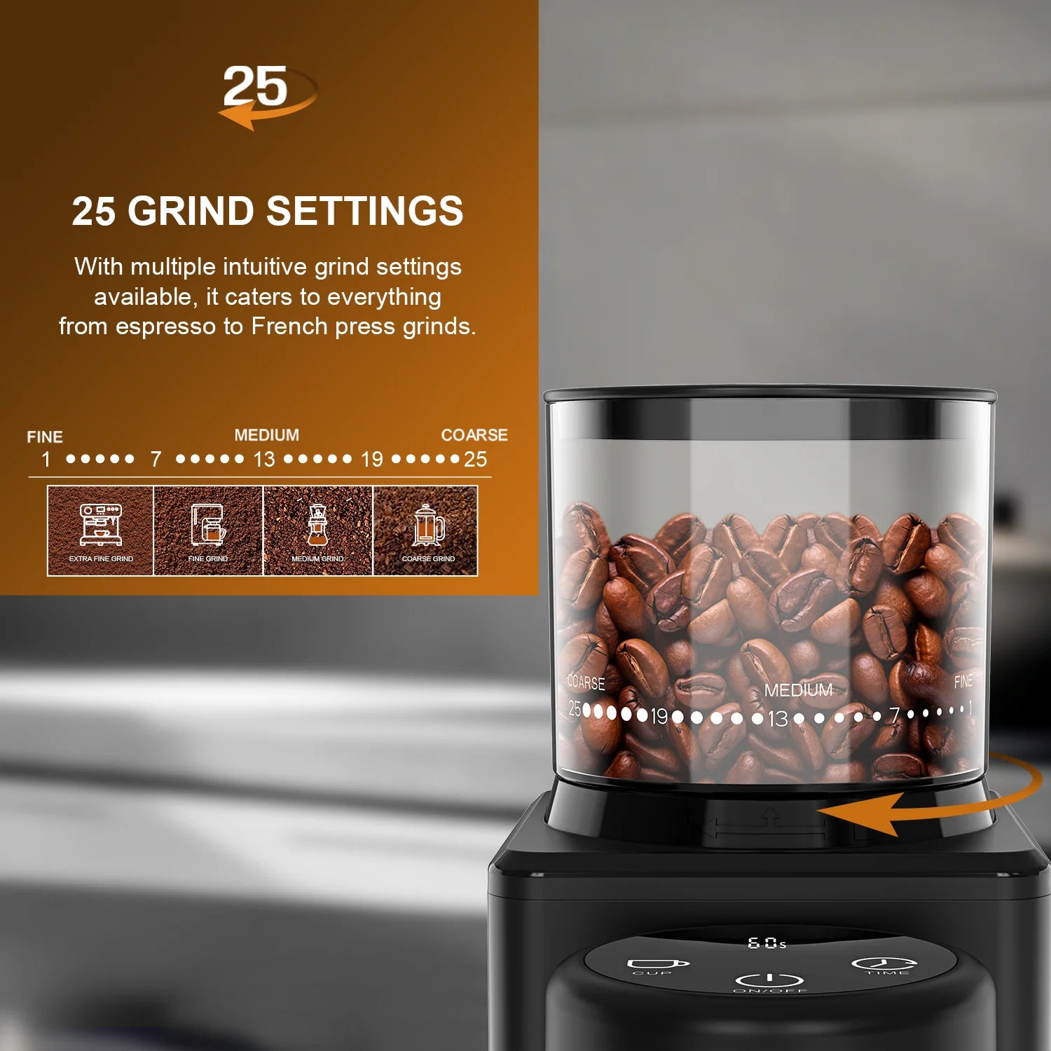 Electric Conical Burr Grinder Coffee Bean Grinder with 25 Grind Setting for French Espresso Touchscreen Dual Modes Grinding