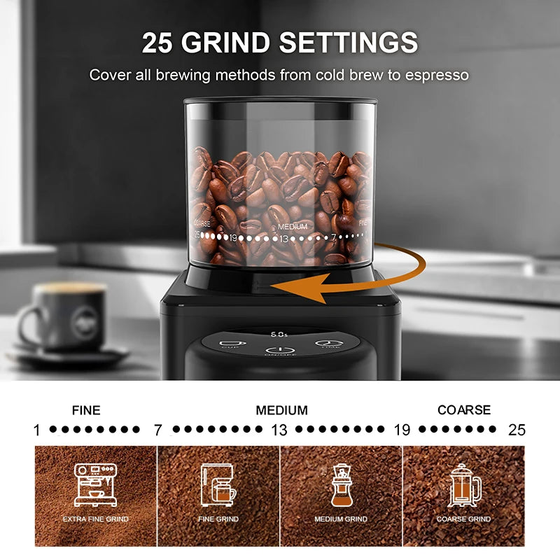 Electric Conical Burr Grinder Coffee Bean Grinder with 25 Grind Setting for French Espresso Touchscreen Dual Modes Grinding