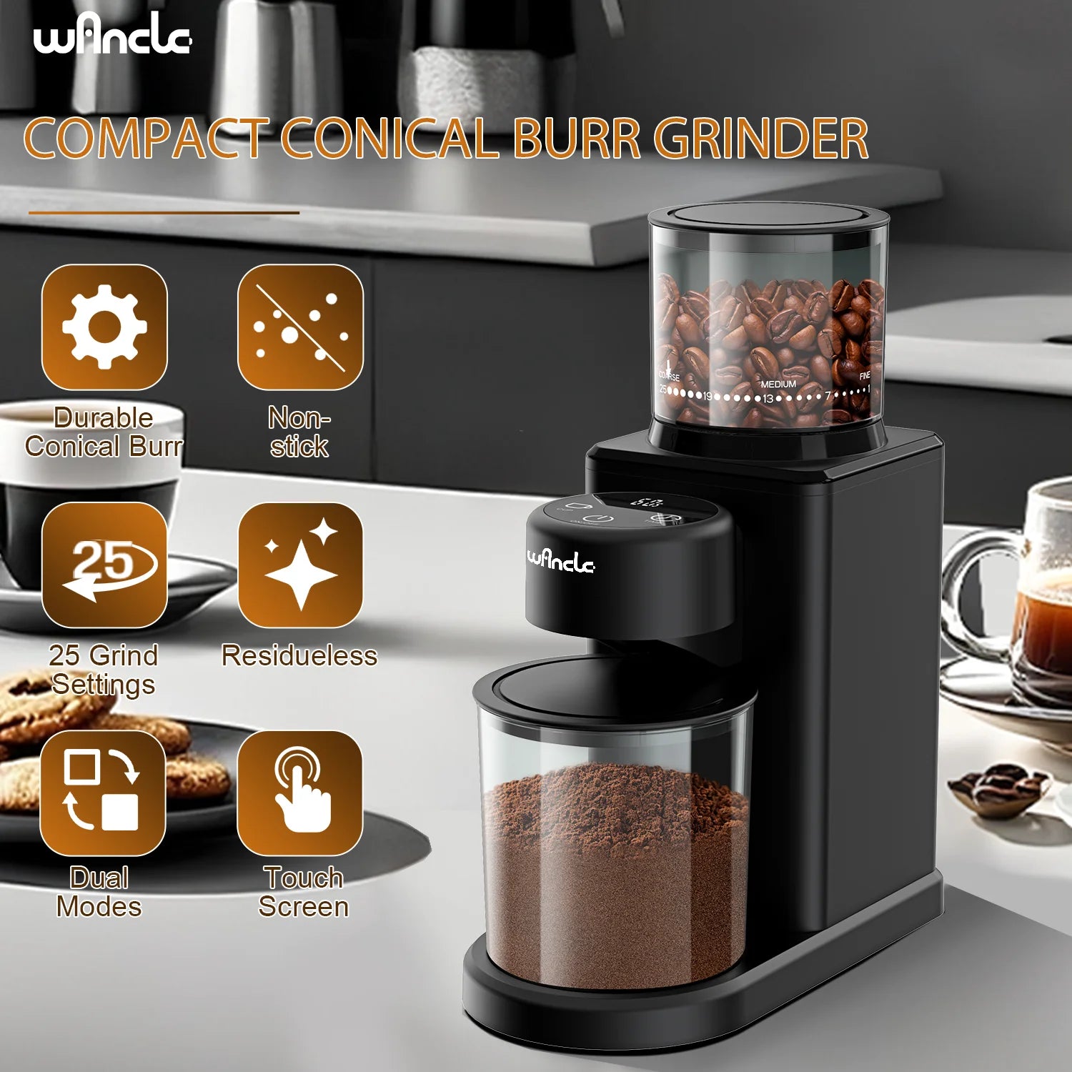 Electric Conical Burr Grinder Coffee Bean Grinder with 25 Grind Setting for French Espresso Touchscreen Dual Modes Grinding